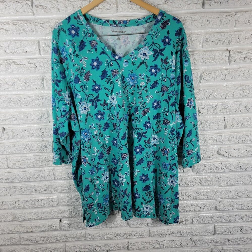 Woman Within Women's 3X Blue Floral Tunic Top V-Neck 3/4 Sleeve FLO320E
